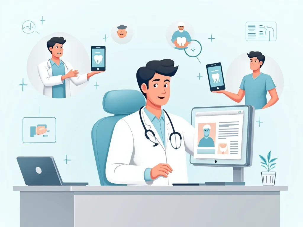 Illustration of a dentist using a computer to improve SEO strategies while patients use smartphones to find dental services organically