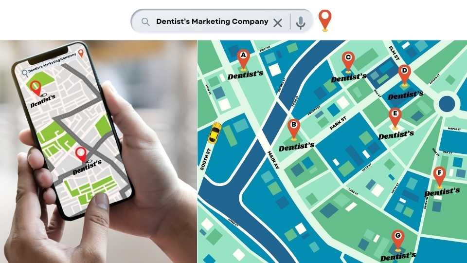 Map showing multiple dentist locations with a mobile search for 'Dentist's Marketing Company,' highlighting local SEO for cosmetic dentistry