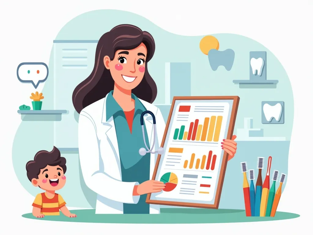 Illustration of a pediatric dentist showcasing marketing strategies on a digital board with playful elements like toys and toothbrushes around