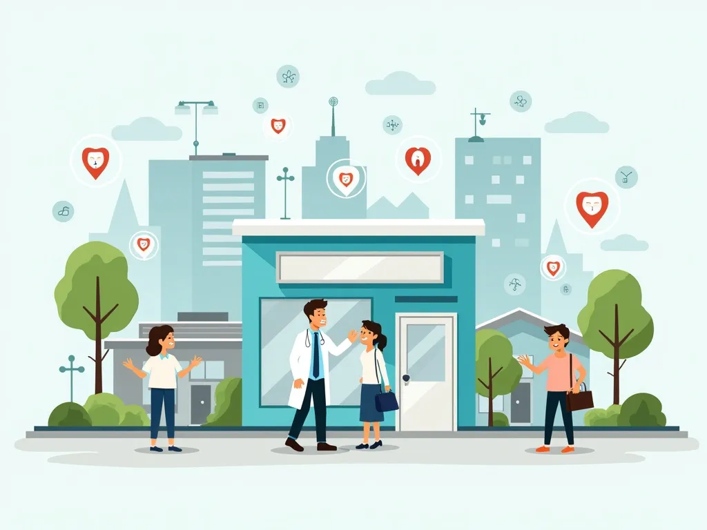 Illustration of a friendly dentist greeting patients outside a local dental clinic with map location pins and SEO icons in the background